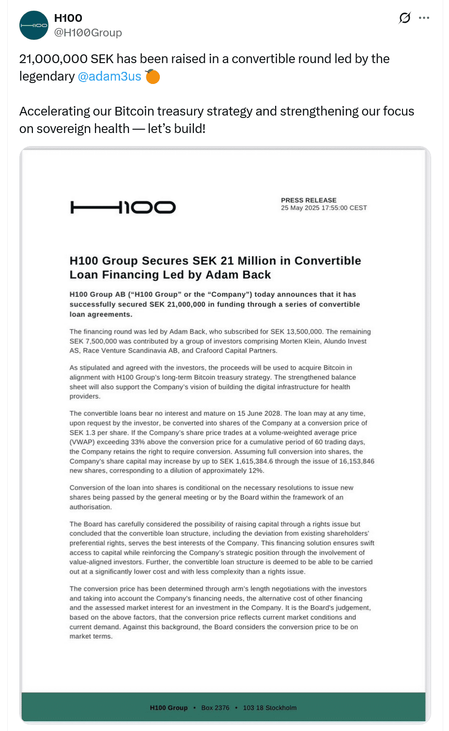 Adam Back Leads $2.2M Funding Round for H100 Group’s Bitcoin Treasury Strategy