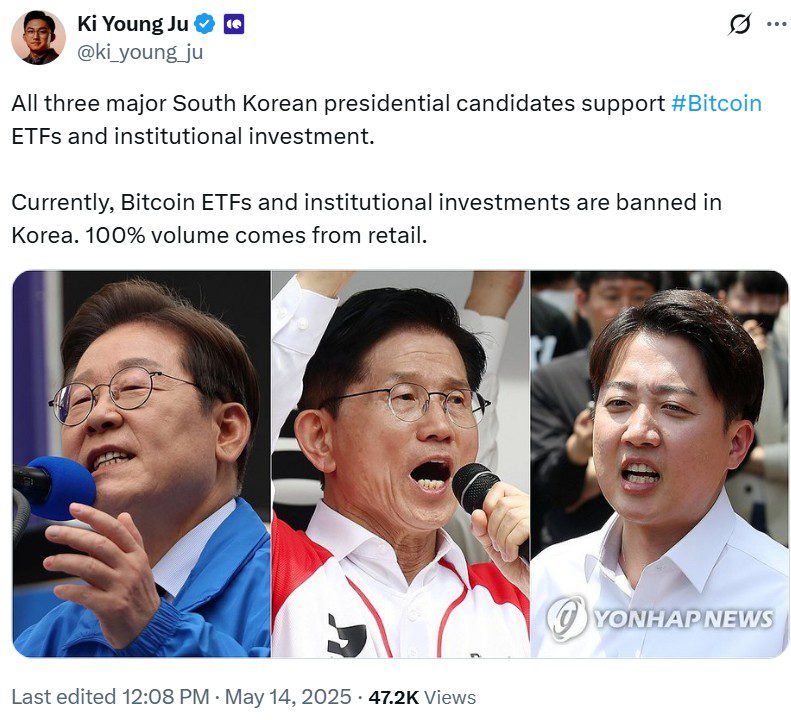 Presidential hopefuls ignite institutional interest in South Korea’s retail-driven crypto market. Source: Ki Young Ju