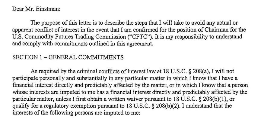 An excerpt of Brian Quintenz's letter. Source: US Office of Government Ethics