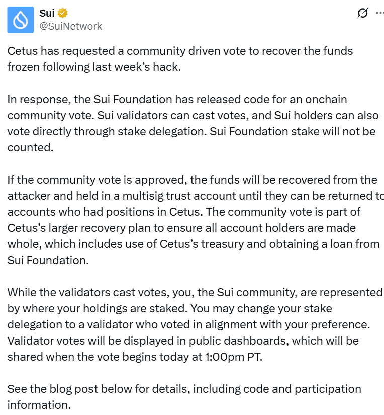 Sui Validators Vote on $162M Cetus Recovery Plan: Centralization Debate Sparks