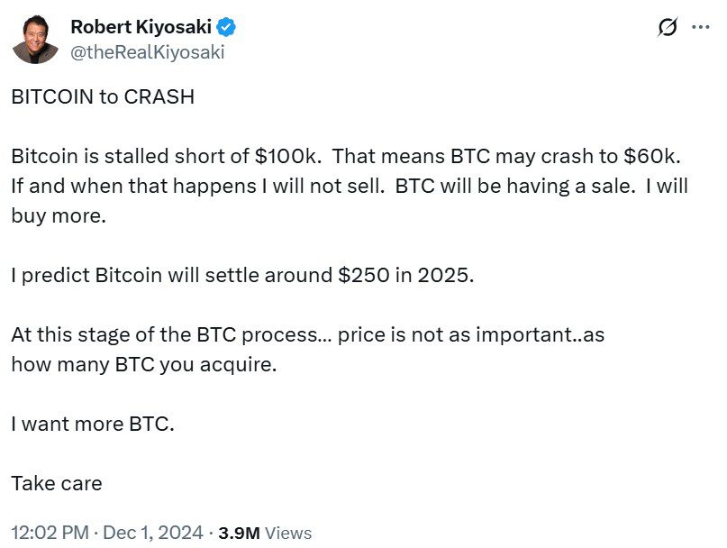 Kiyosaki’s 2025 prediction sits at $250,000 per Bitcoin. Source: Robert Kiyosaki