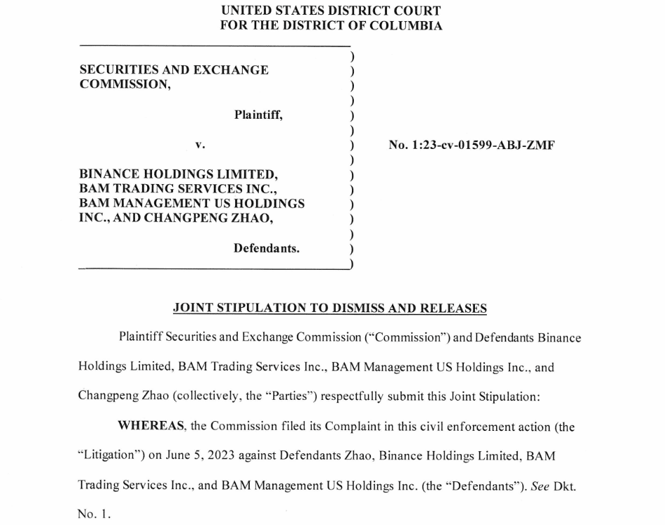 SEC, United States, Binance, The SEC and Binance’s joint stipulation to dismiss. Source: CourtListener
