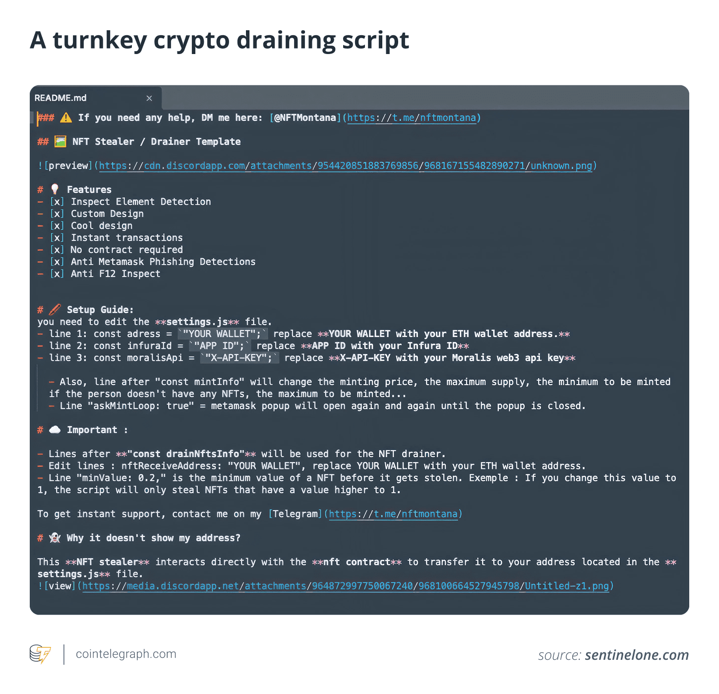 A turnkey crypto draining script showing a fraudulent interface designed to steal cryptocurrency, taken from Cointelegraph's article, 'Crypto drainers as a service: What you need to know'