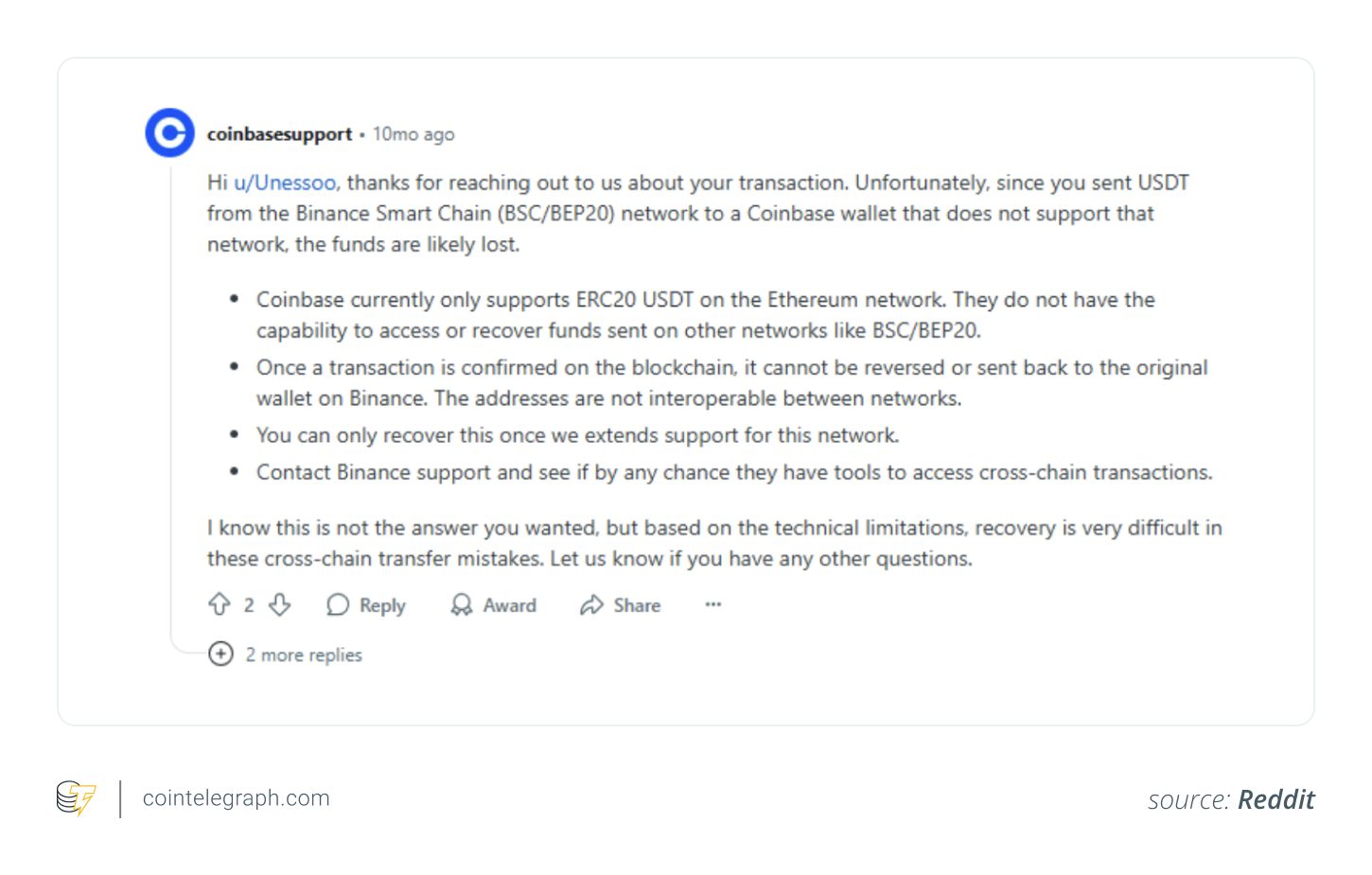 Coinbase customer support's response to wrong crypto transfer.