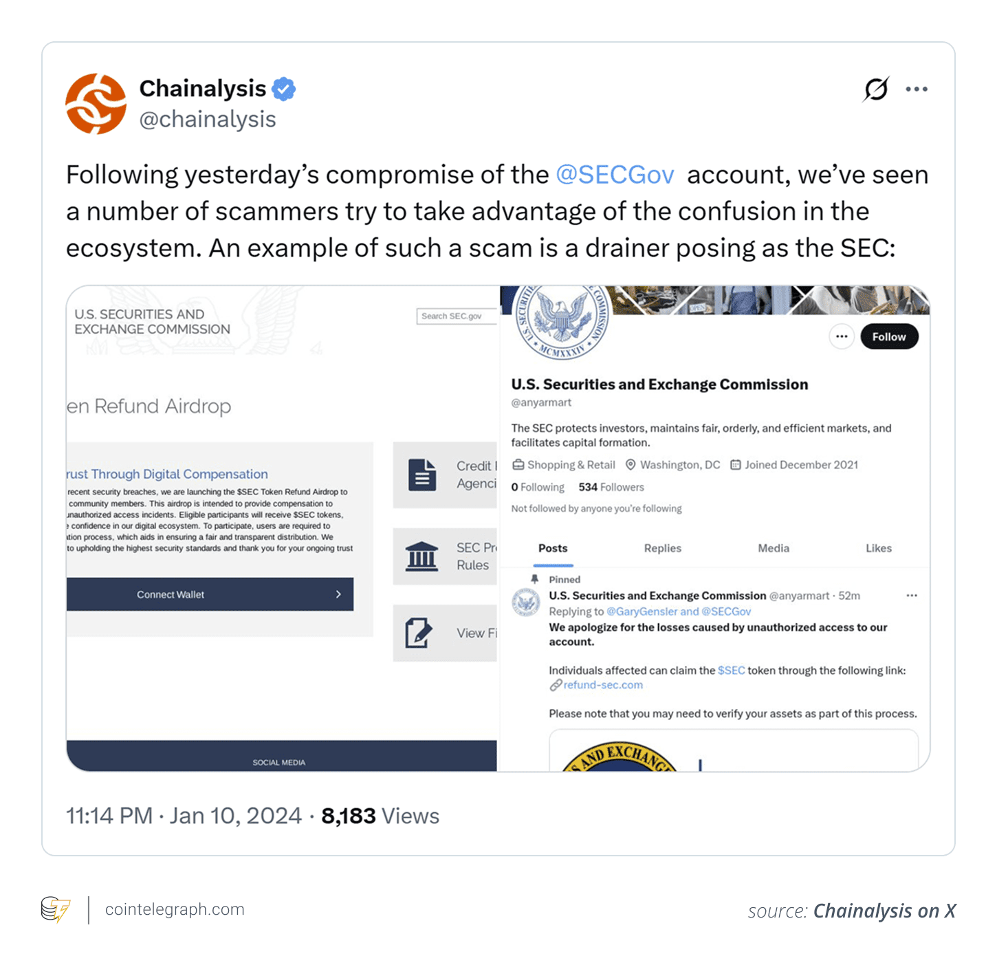 Chainalysis's crypto drainer alert showing an example of drainers being used in real-world situations, taken from Cointelegraph's article, 'Crypto drainers as a service: What you need to know'