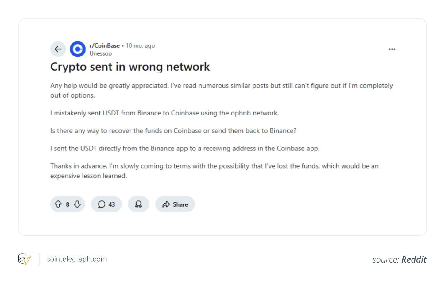 Wrong crypto transfer example. Sending tokens on the wrong network — like Ethereum instead of BNB Chain — can result in permanent loss.