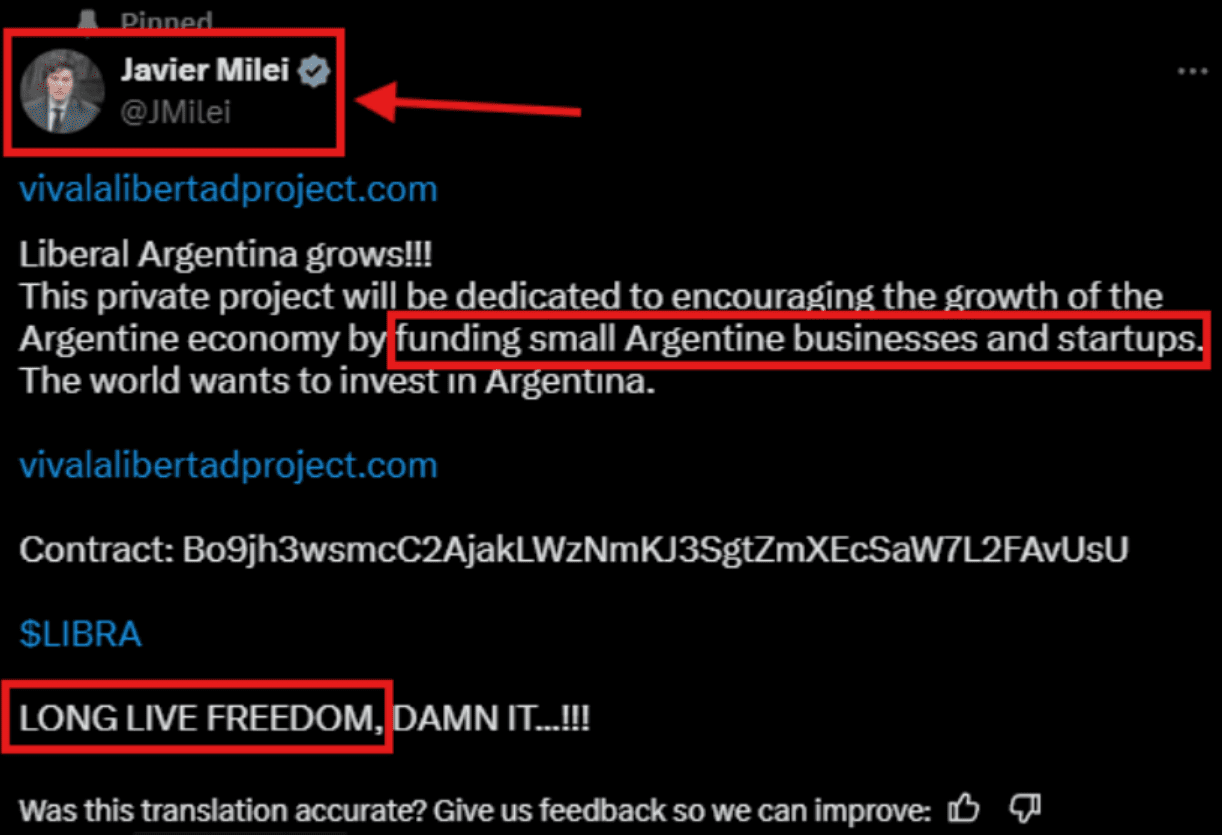 Milei’s deleted X post. Source: Kobeissi Letter