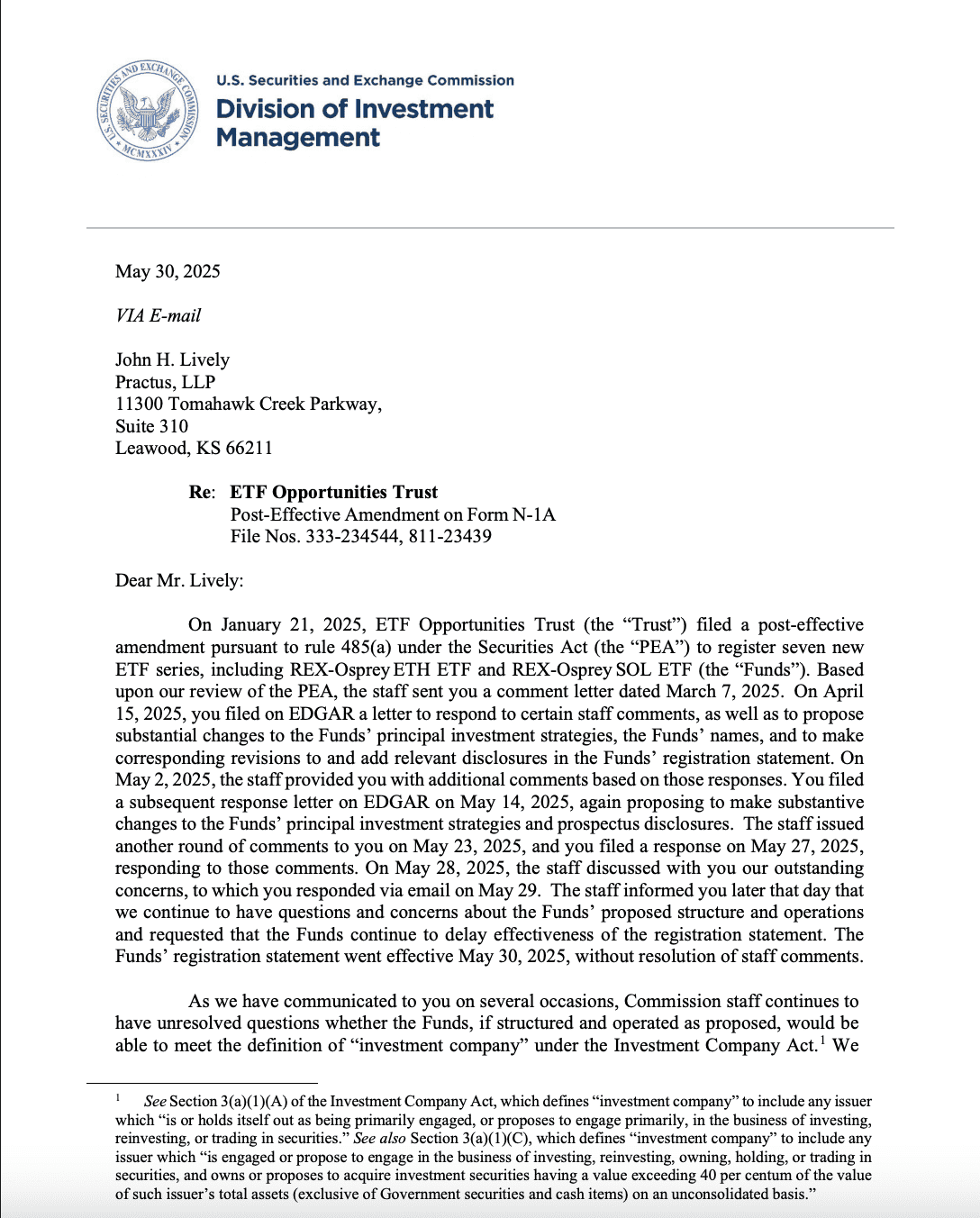 SEC letter citing concerns over the recent REX-Osprey staked ETF filings. Source: SEC