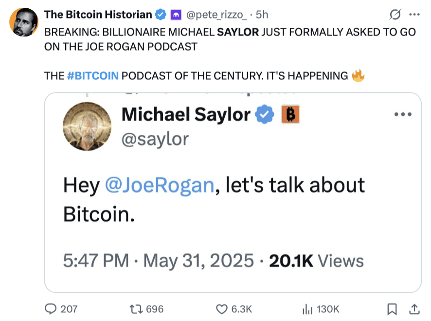 Enthusiastic reactions to Michael Saylor's tweet expressing interest in appearing on the Joe Rogan Podcast
