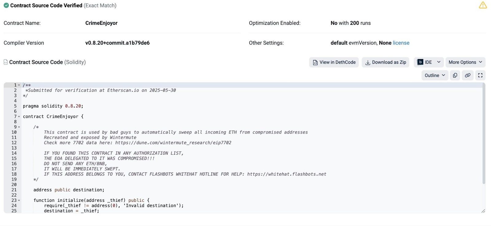 Wintermute’s CrimeEnjoyor contract with a warning statement. Source: Wintermute