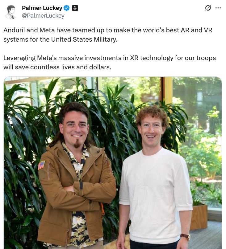 Anduril co-founder Palmer Luckey (left) with Meta co-founder Mark Zuckerberg (right). Source: Palmer Luckey