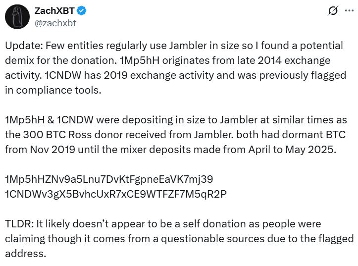 300 Bitcoin Donation to Silk Road Founder: Not a Self-Donation, Says ZachXBT