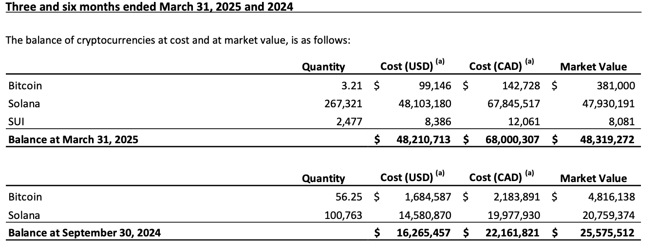 SOL Strategies crypto holdings on March 31, 2025. Source: SOL Strategies