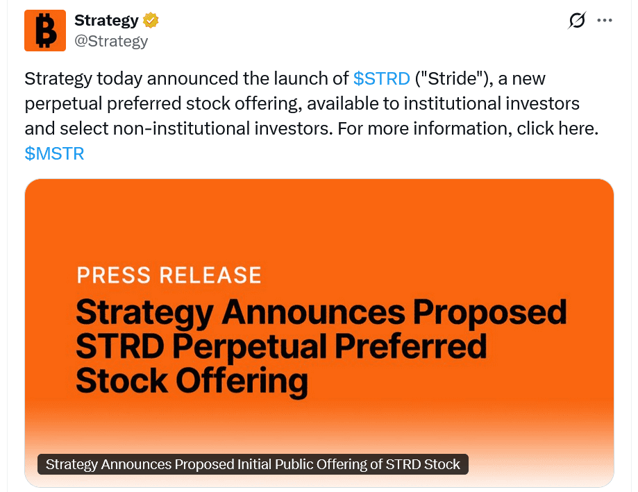 Strategy Announcement of STRD Offering