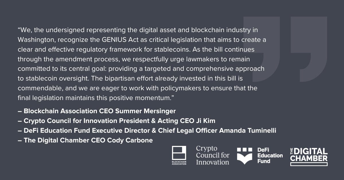 Joint statement by crypto groups urging focus on stablecoin bill passage.