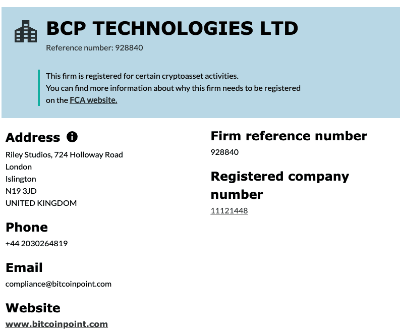 UK registration data for BCP Technologies. Source: FCA