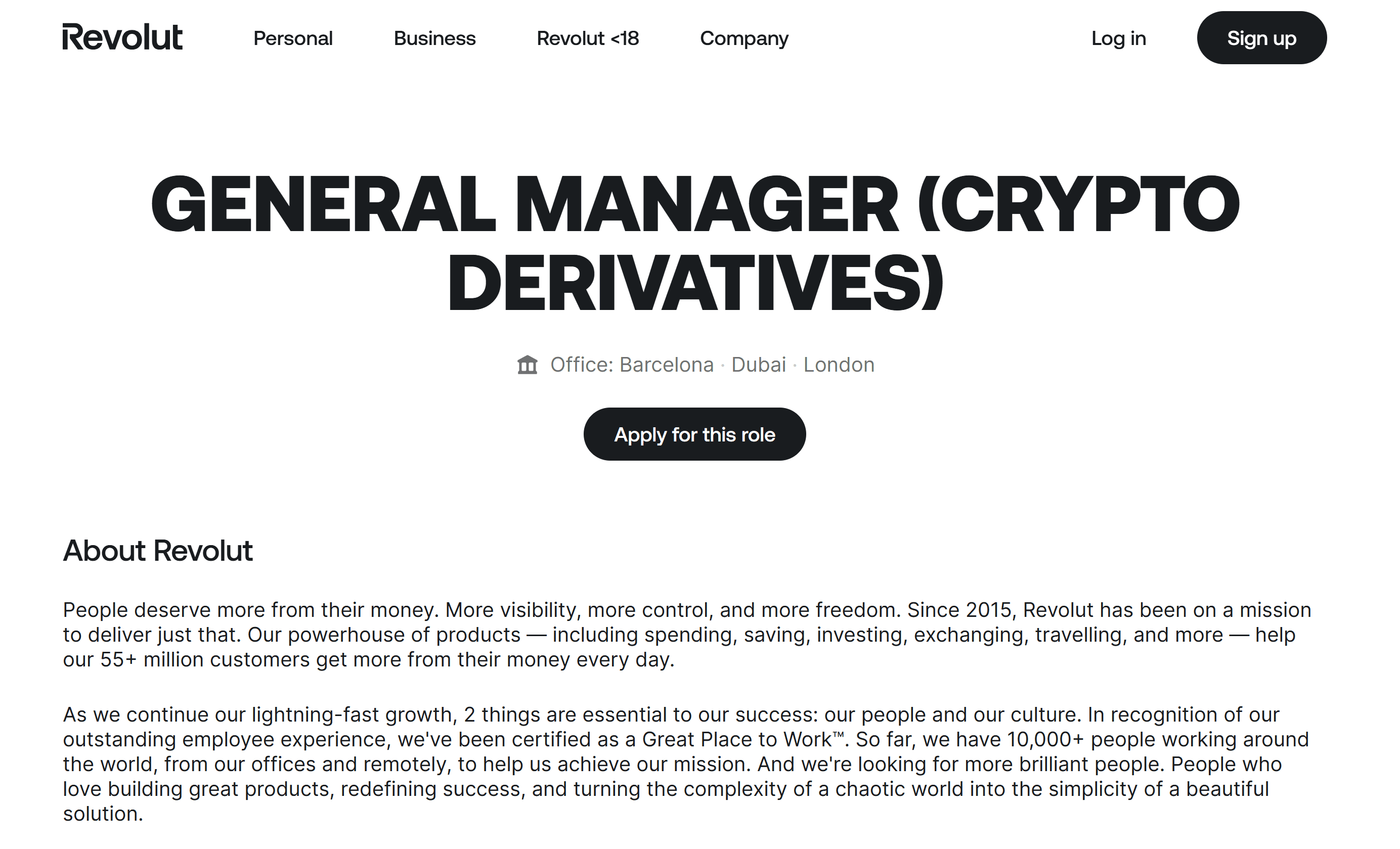 Revolut’s job listing for General Manager (Crypto Derivatives). Source: Revolut
