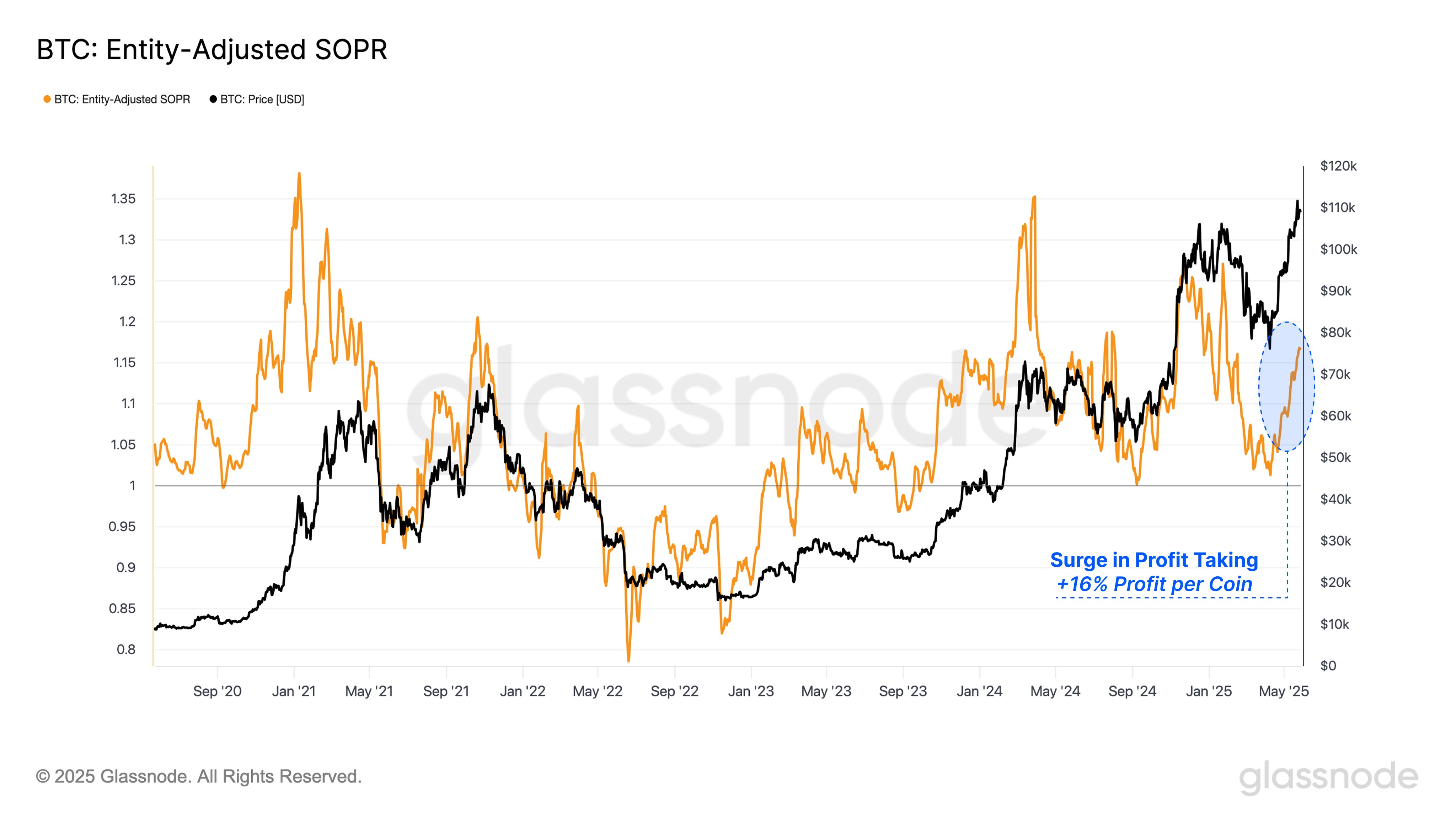 Bitcoin entity-adjusted SOPR chart. Source: Glassnode