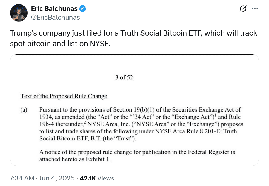 Trump-Linked Asset Manager Files for Truth Social Bitcoin ETF: What it Means for the Market