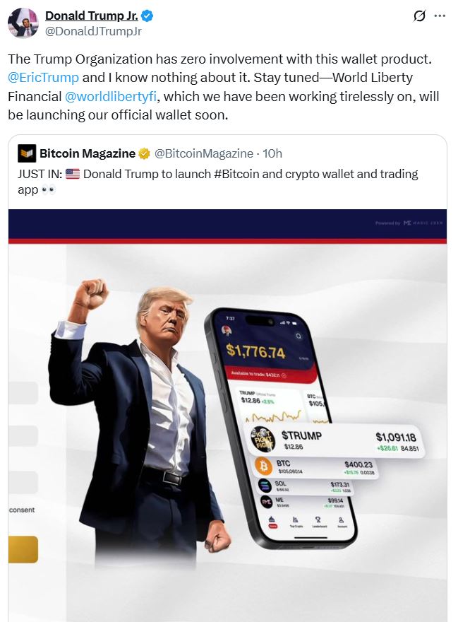 Cryptocurrencies, Bitstamp, Investments, Cryptocurrency Exchange, Derivatives, Revolut, Robinhood, Solana, Companies, Donald Trump Jr. Source: Donald Trump Jr.