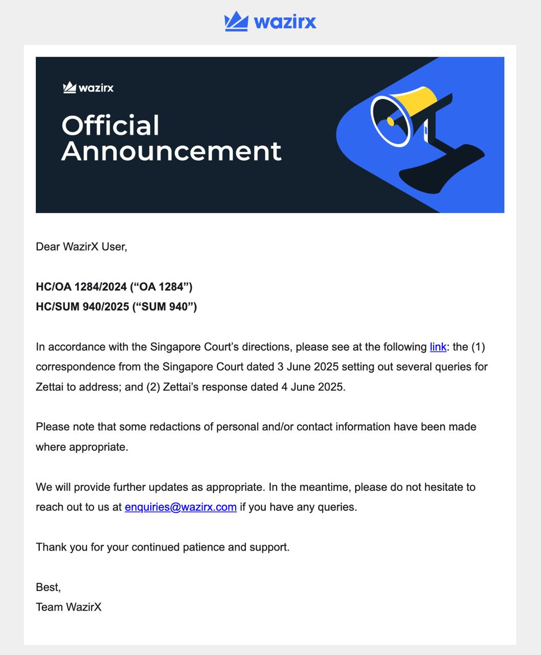 Screenshot of WazirX's email to its users. Source: Shared by a WazirX user