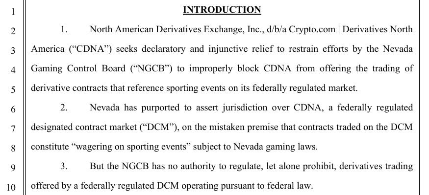 An excerpt of Crypto.com’s lawsuit against Nevada’s gambling regulator. Source: PacerMonitor