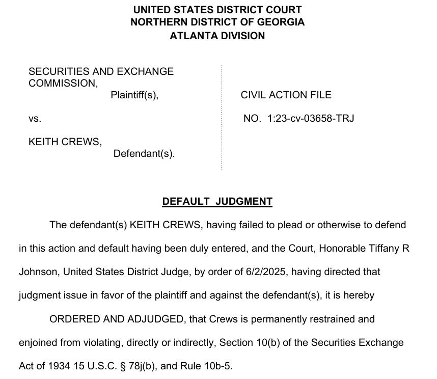 An excerpt from the default judgment against Crews. Source: PacerMonitor