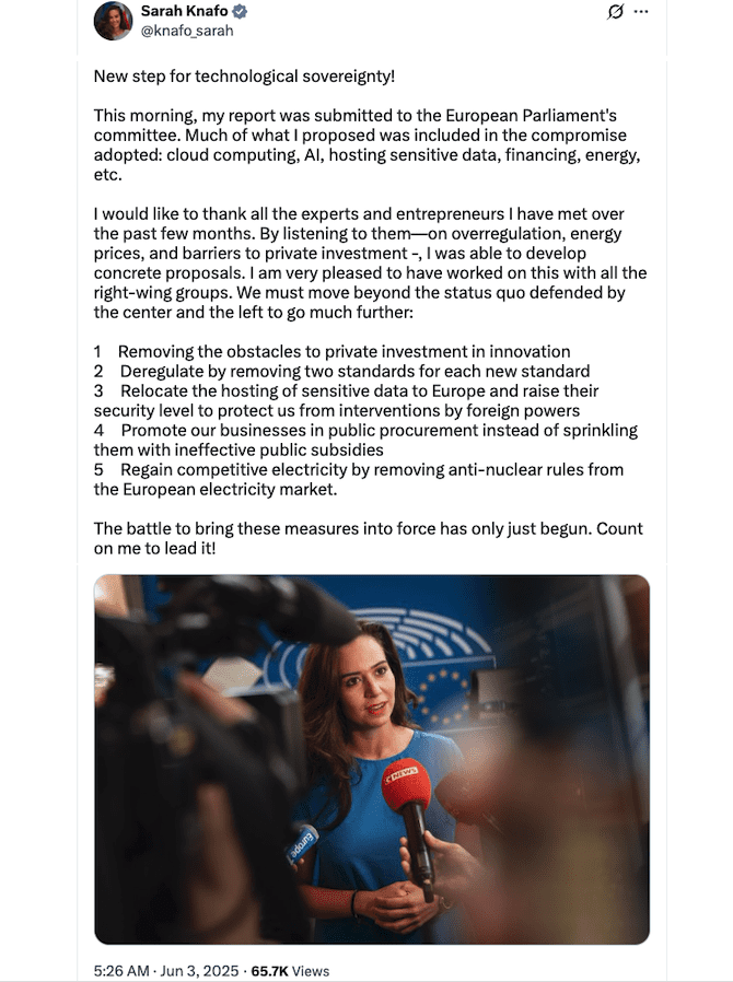 Sarah Knafo’s announcement on ITRE adopting her proposal on tech sovereignty (translated by Google). Source: Sarah Knafo