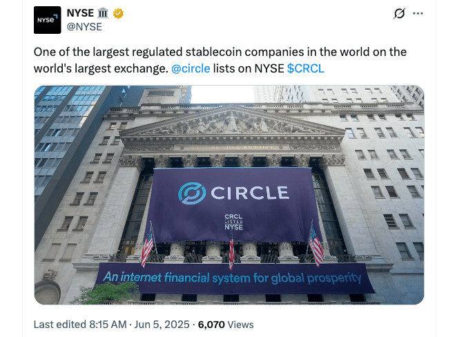 Circle's CRCL shares begin trading on the NYSE. Source: NYSE