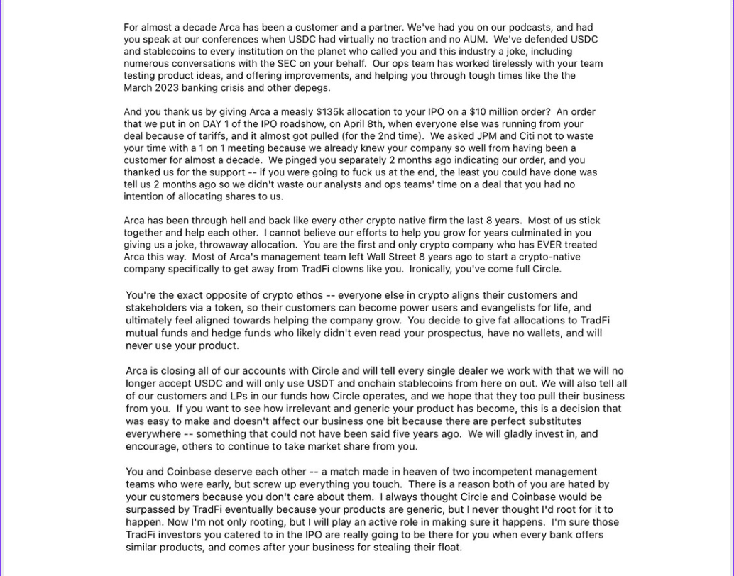 Circle, Stocks, Stablecoin, The now-deleted letter penned by Dorman. Source: Jeff Dorman