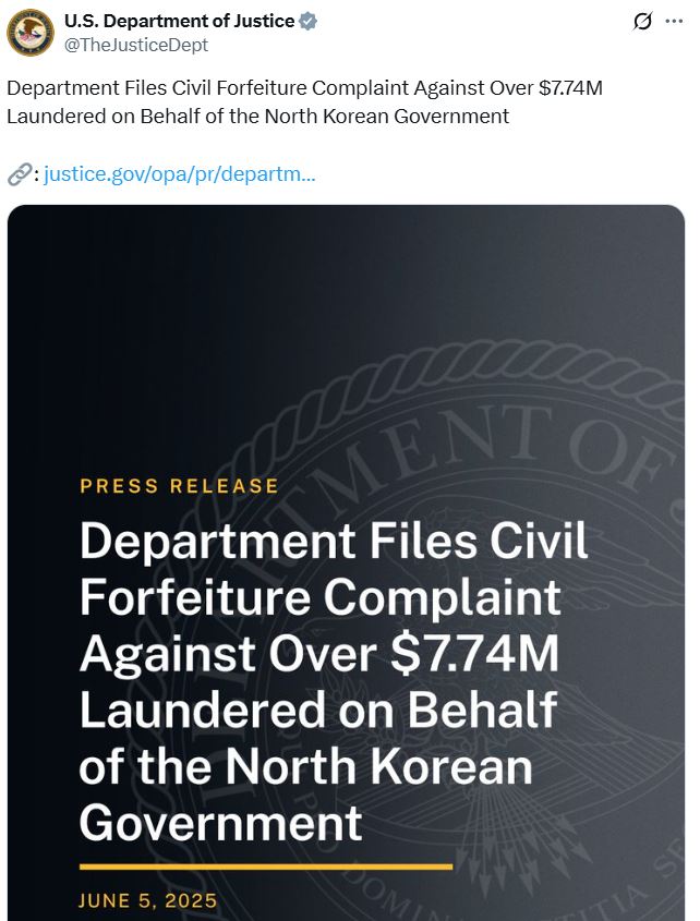 US Seeks Forfeiture of $7.7M in Crypto Tied to North Korean IT Worker Scheme