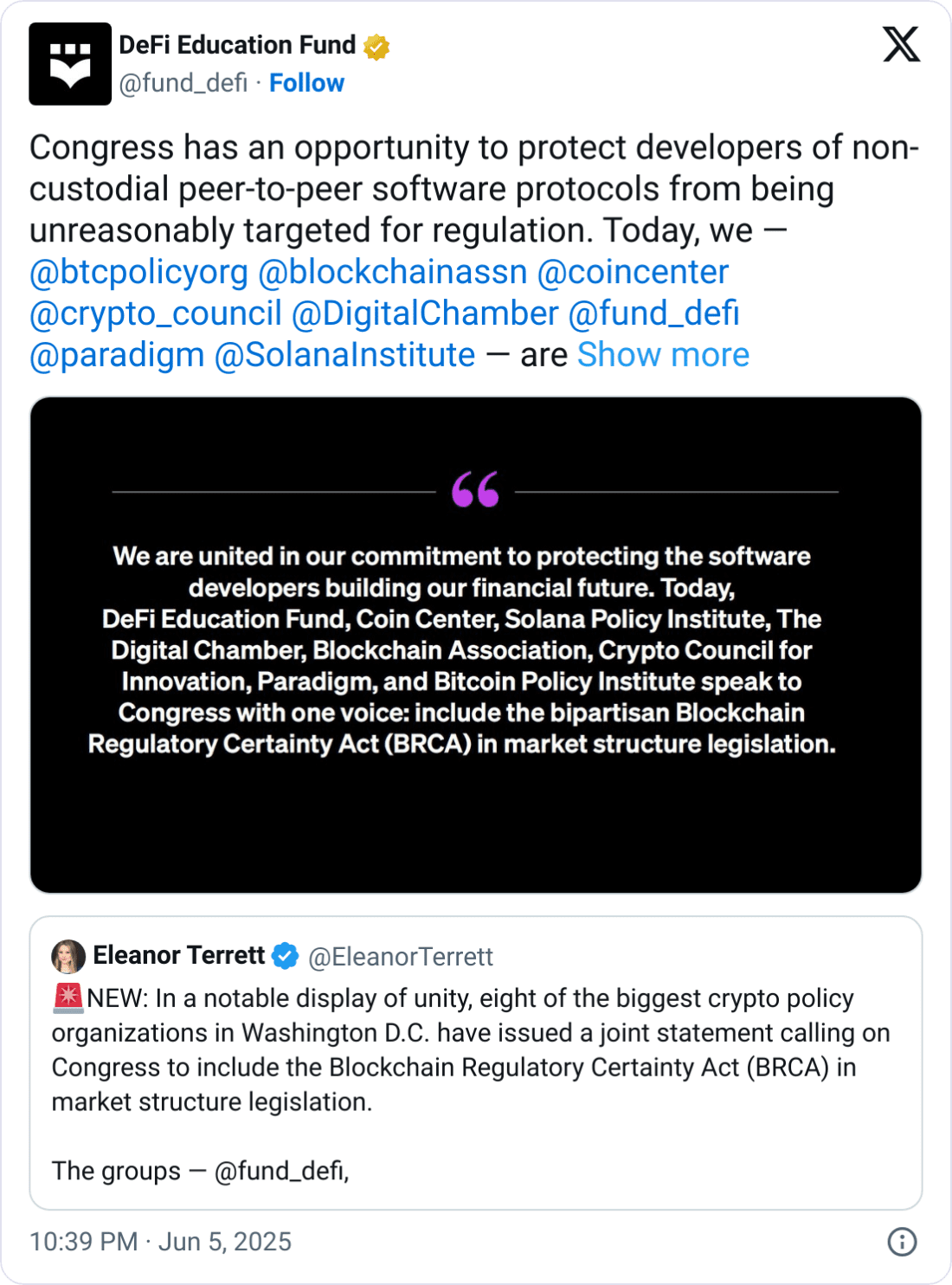 Source: DeFi Education Fund Law, Senate, Bitcoin Regulation, United States