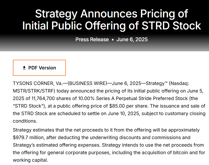 Strategy announces pricing of IPO stock. Source: Strategy