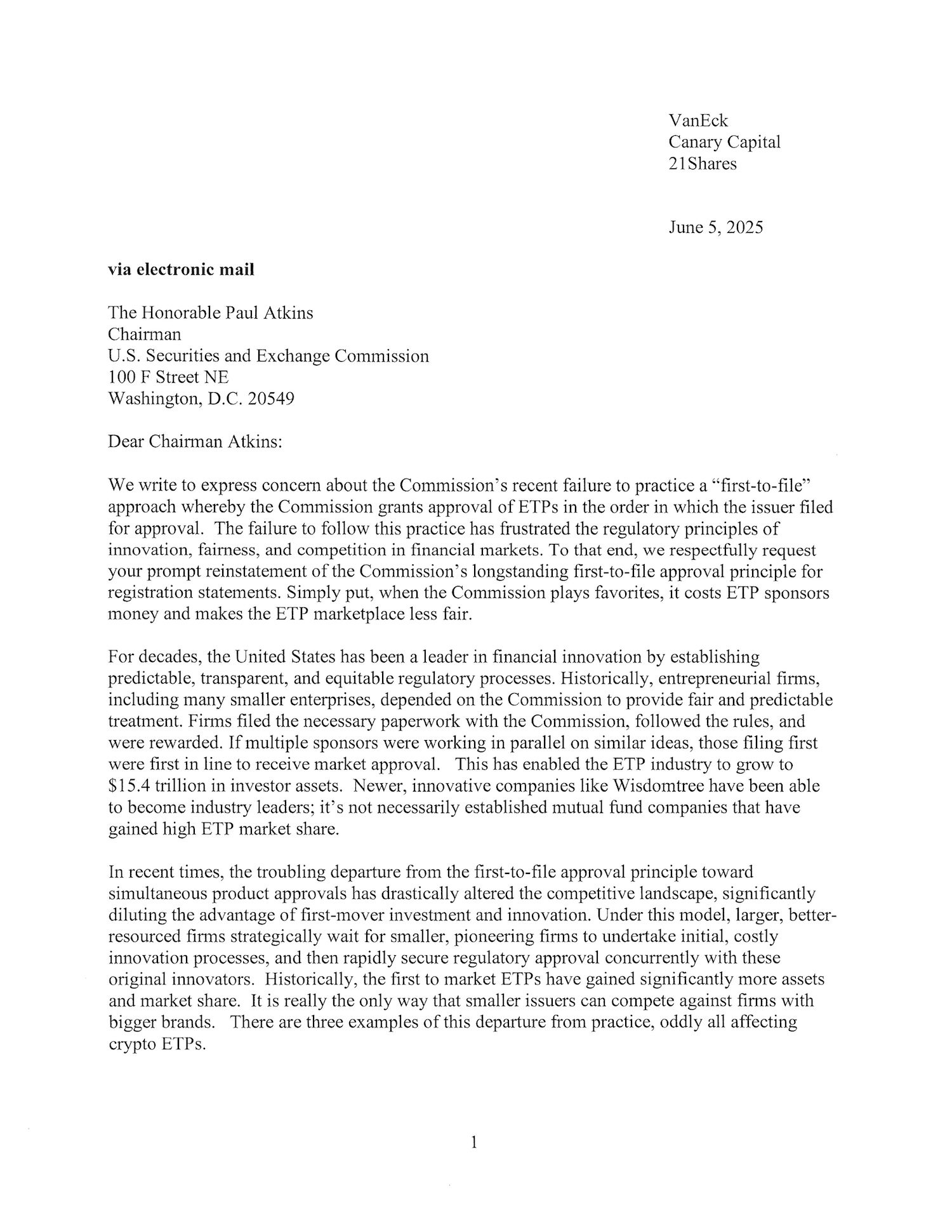 First page of the joint letter from VanEck, Canary Capital and 21Shares to the SEC. Source: VanEck