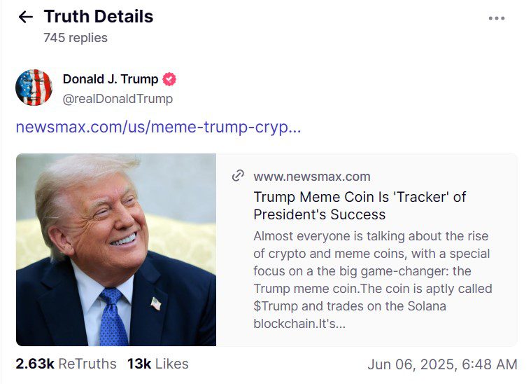 Donald Trump shares an article discussing memecoin as a success tracker. Source: Donald Trump