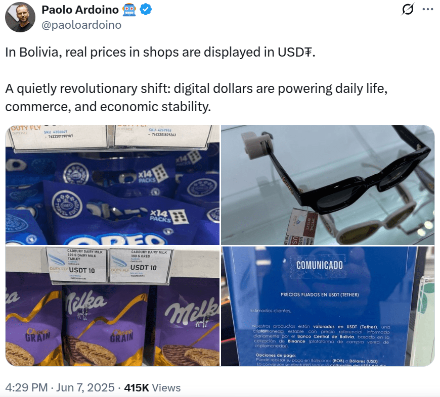 Tether’s USDT Appears on Price Tags in Bolivia Amid Economic Woes: What Does It Mean?