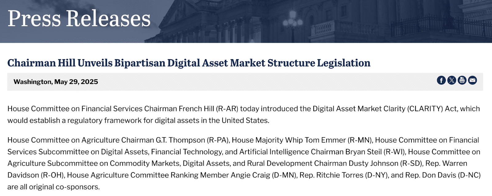 Congressman French Hill sheds light on the CLARITY Act. Source: United States House Committee on Financial Services