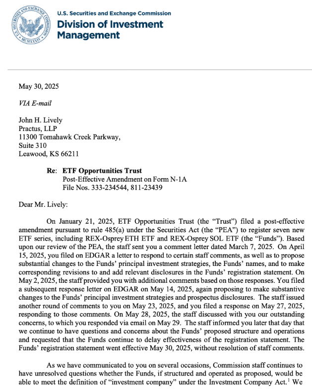 SEC’s letter on staking ETF filings raises concern over the structure of the ETFs. Source: SEC