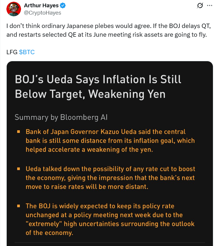 Arthur Hayes tweet about BOJ and QE
