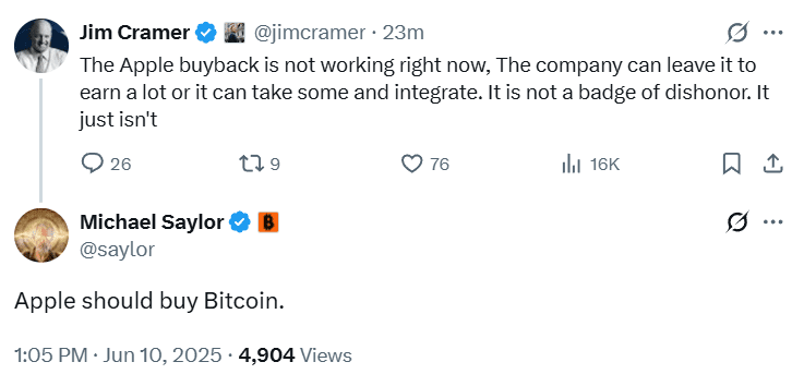 Michael Saylor's X post suggesting Apple buy Bitcoin
