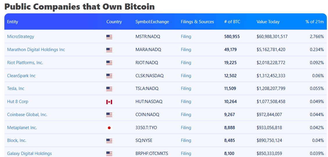 The 10 largest Bitcoin holding companies worldwide. Source: Bitbo