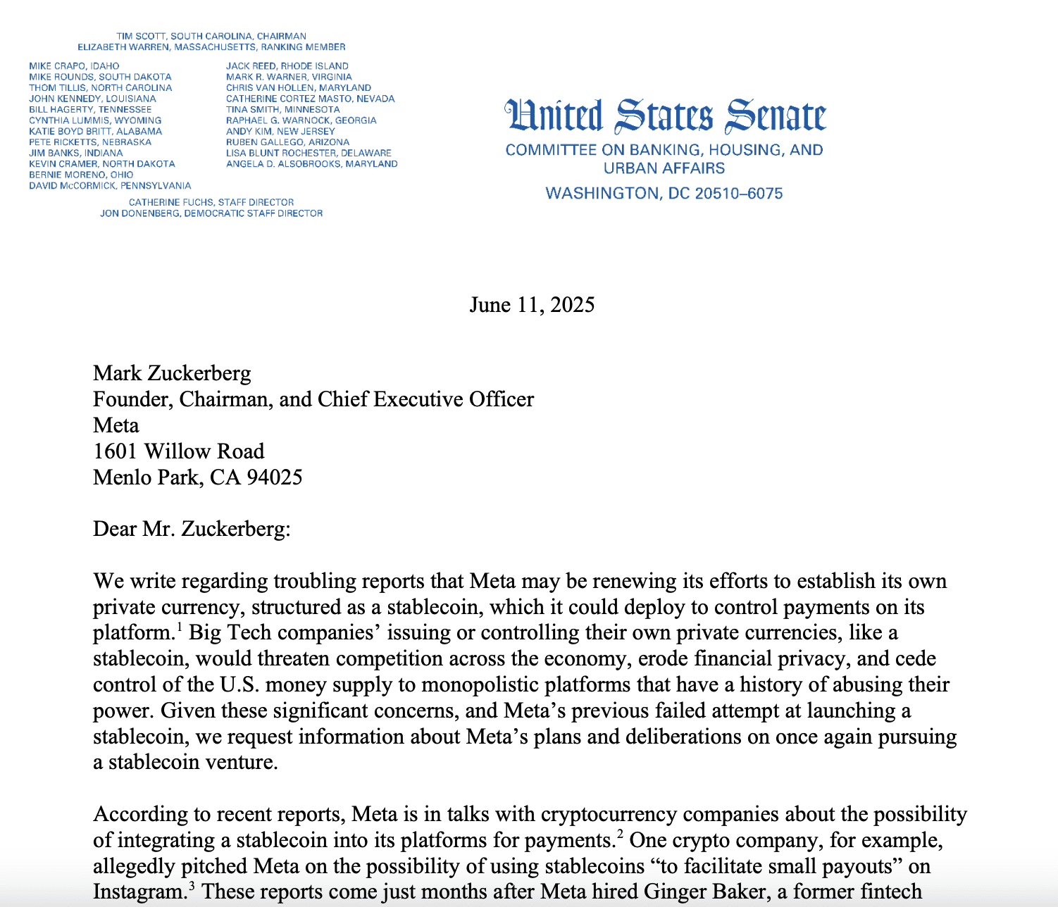 Letters to Meta CEO Mark Zuckerberg from Senators Elizabeth Warren and Richard Blumenthal. Source: US Senate Banking Committee